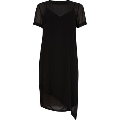 Black sheer asymmetric hem T-shirt dress